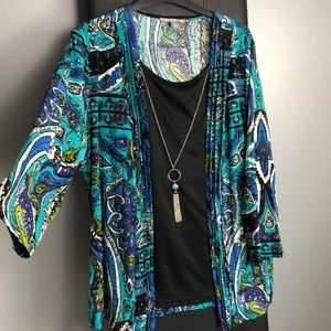 Women's Blue Green Paisley Tank Necklace Jacket Kimono Size XL